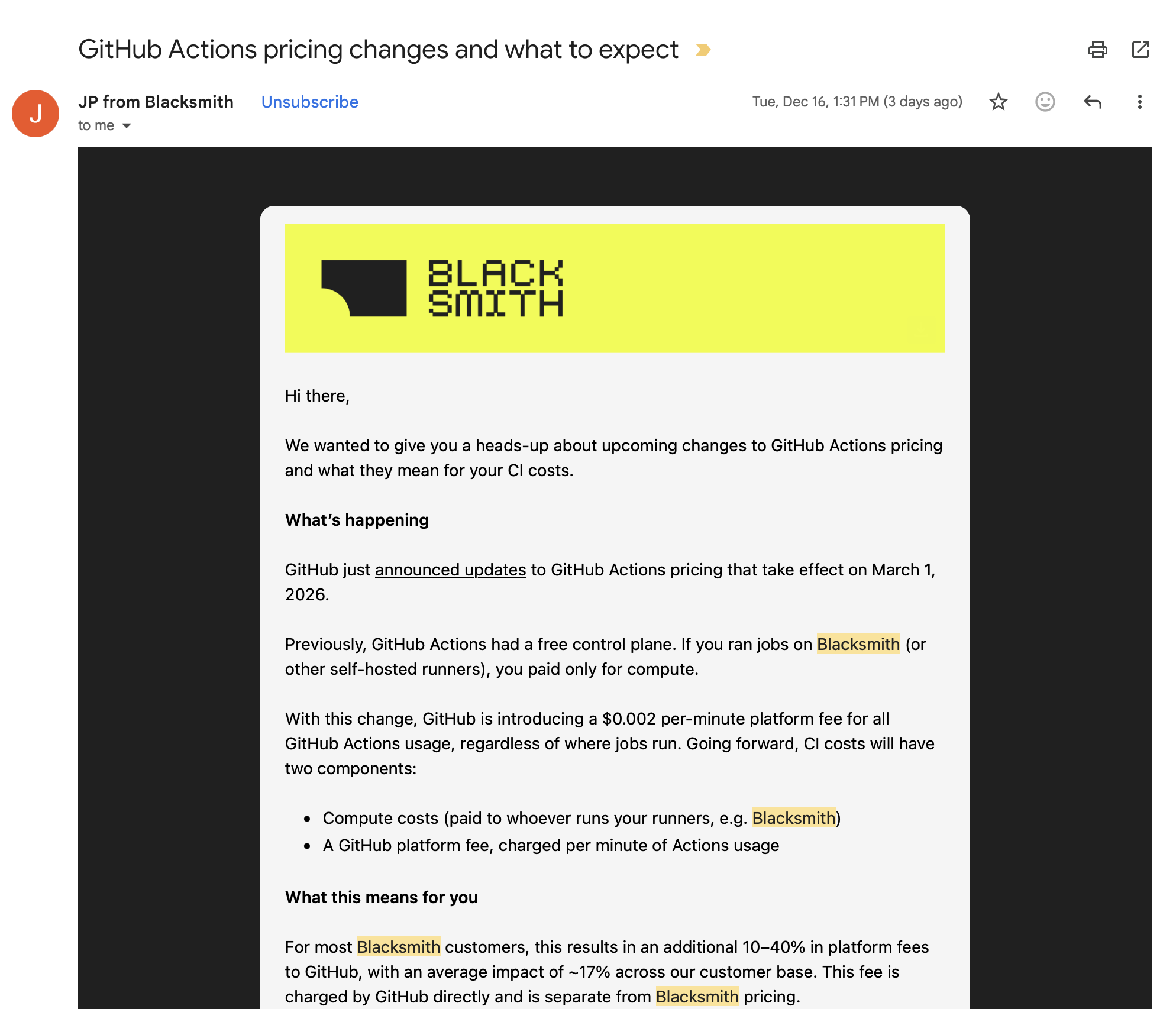 Blacksmith notification about GitHub Actions pricing changes