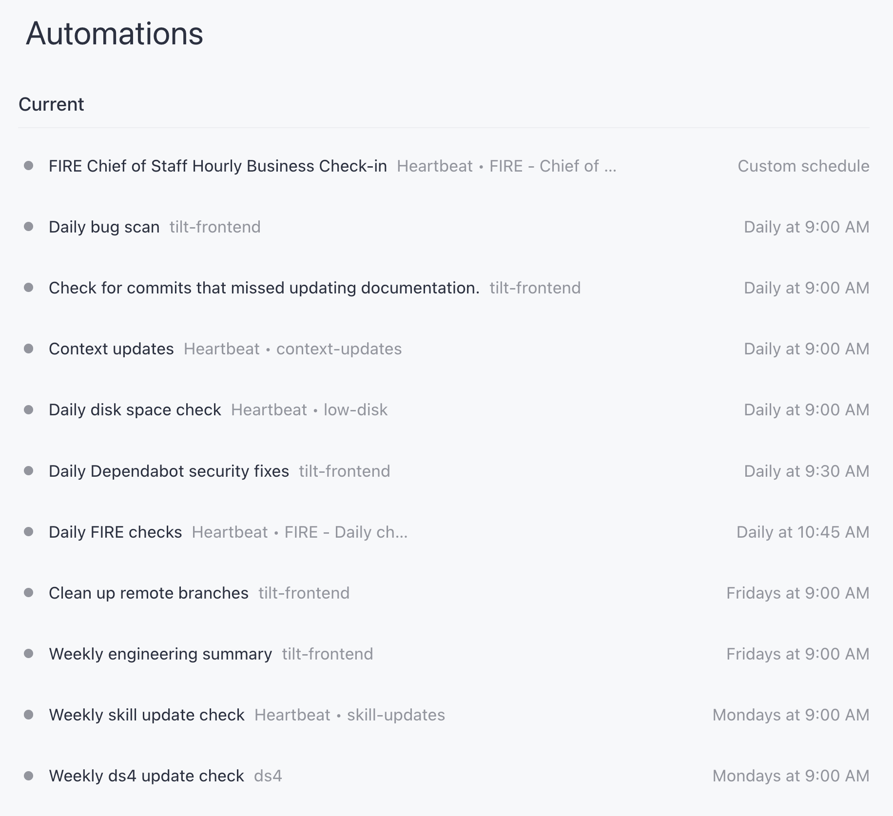 My Codex Automations list: a chief-of-staff heartbeat, daily bug scan, compliance checks, dependabot fixes, weekly summaries