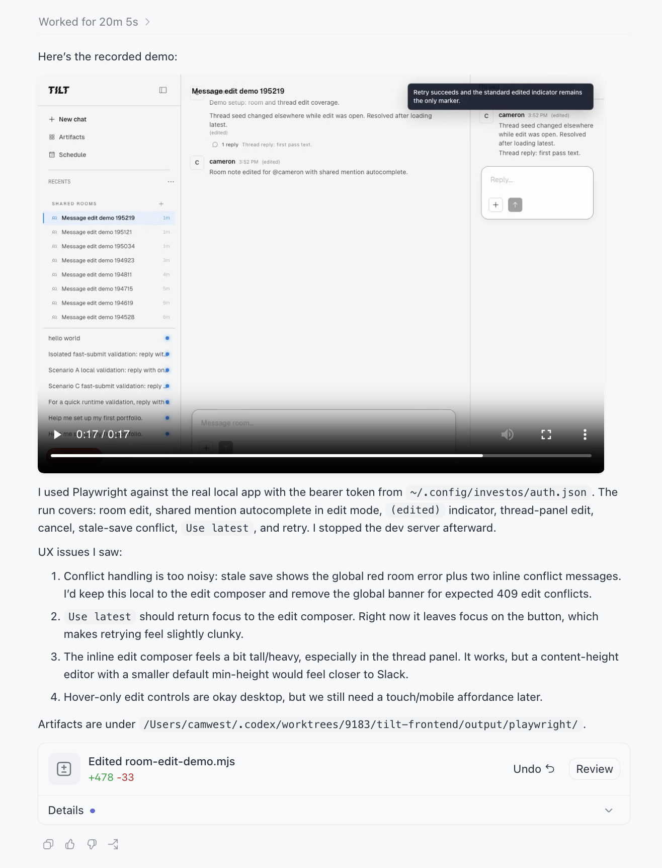 End of a Codex demo-video run: &ldquo;Worked for 20m 5s,&rdquo; an embedded recording of the feature, and a numbered &ldquo;UX issues I saw&rdquo; list with four specific findings