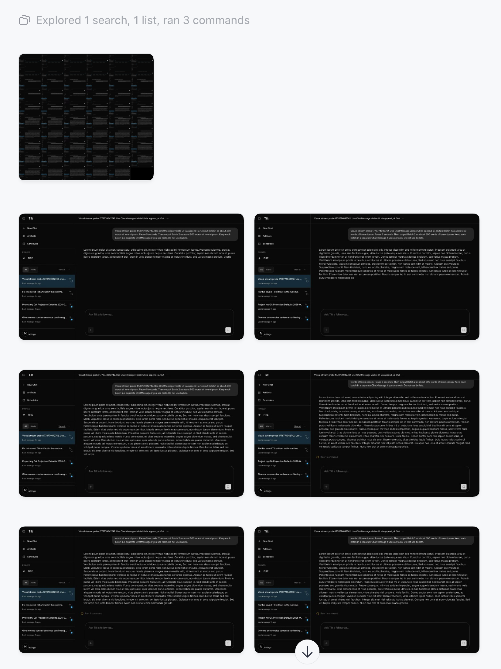 Codex inspecting its own recording: a contact sheet of extracted frames at the top, then six enlarged frames it steps through to verify streamed output renders without jank