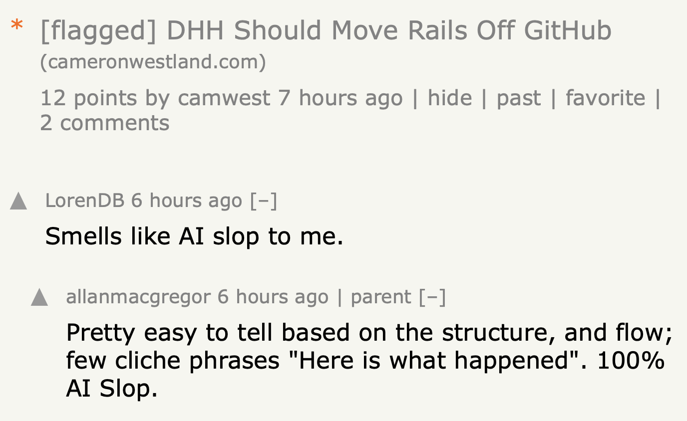 Hacker News screenshot showing my post flagged with comments calling it AI slop