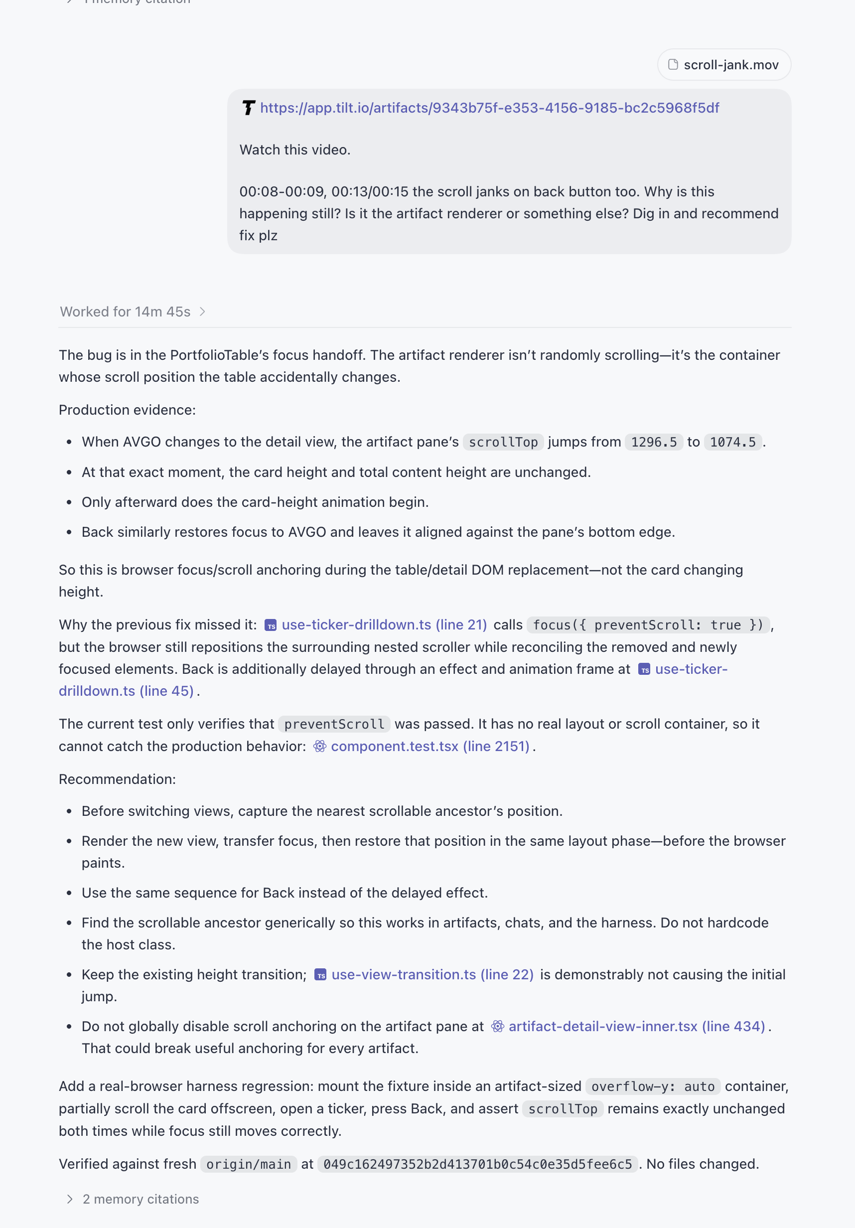 Codex round one: fourteen minutes of correct diagnosis of the scroll jump, ending in a recommendation to build custom scroll-position capture-and-restore machinery