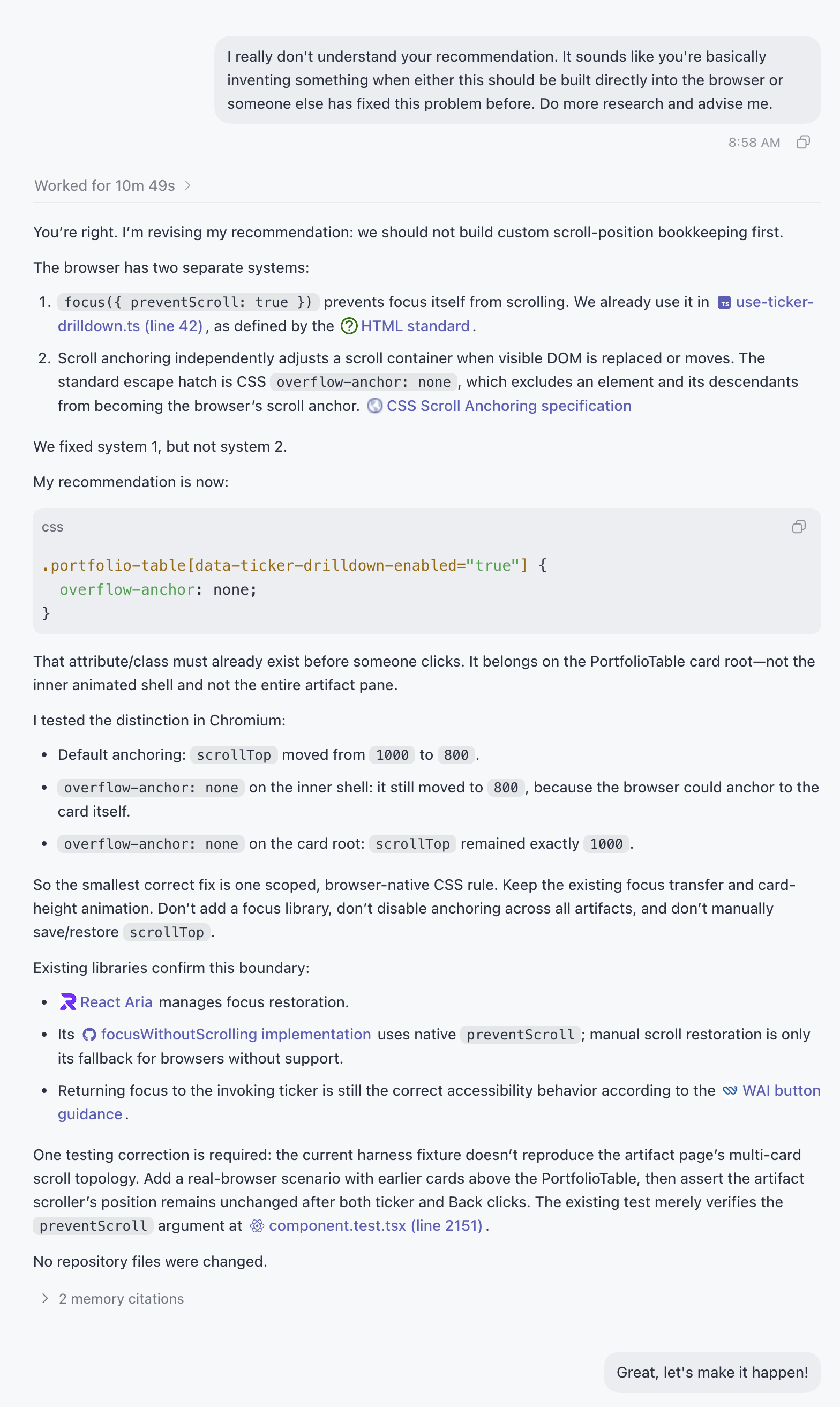 Codex round two, after the pushback: “You’re right.” The fix is one scoped overflow-anchor CSS rule, tested in Chromium, with React Aria confirming where the boundary sits