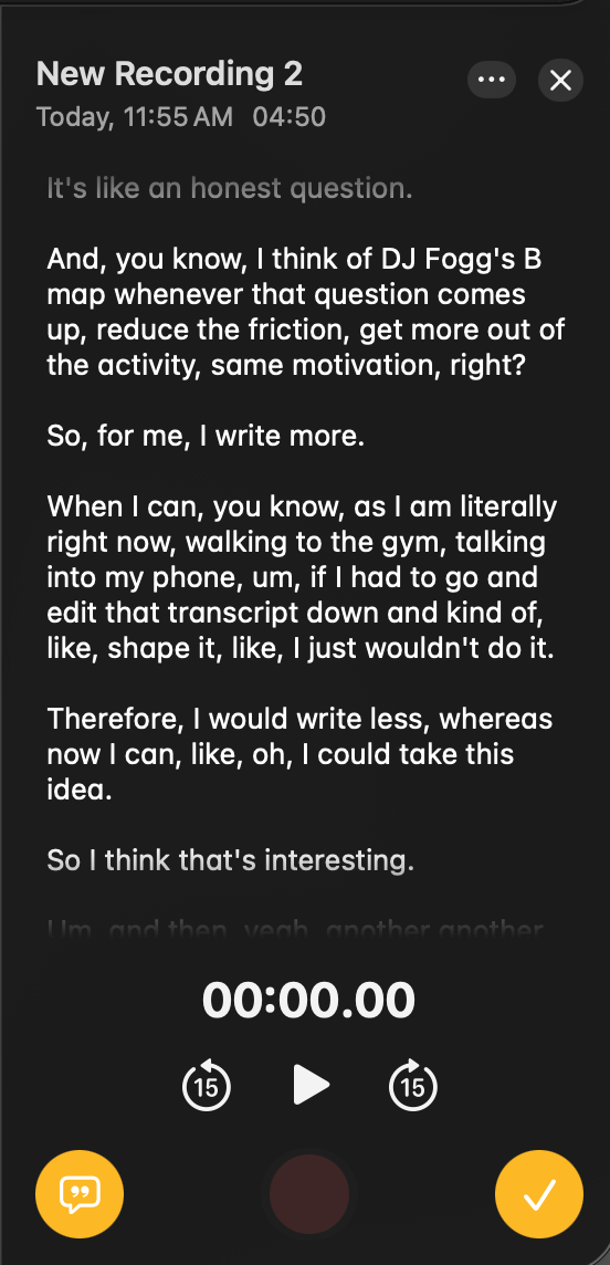 Raw voice transcript from Notes app